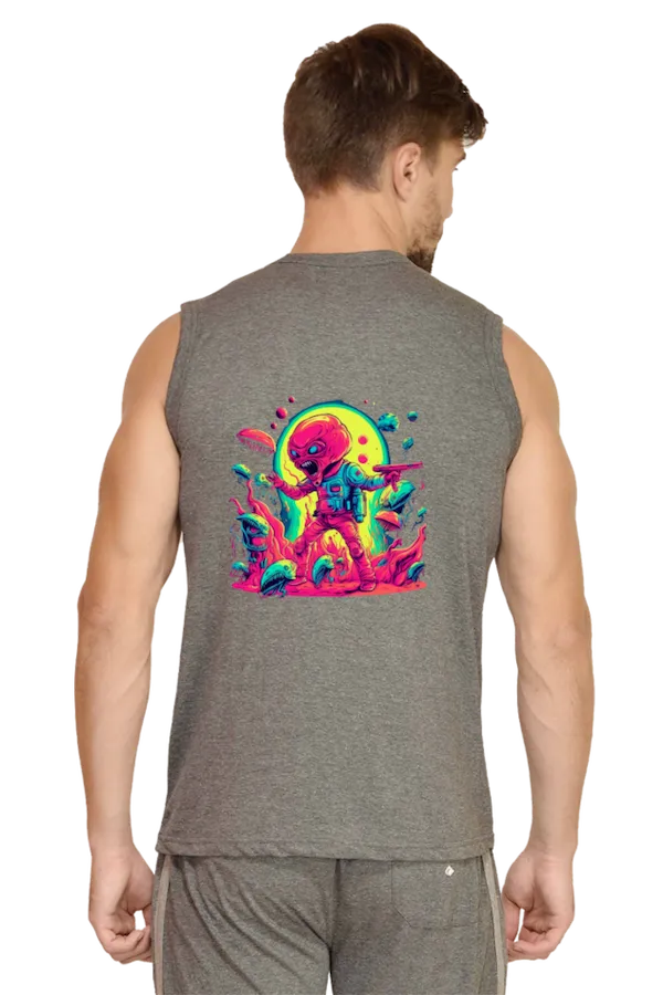 Men's Sleeveless Back Print Alien Attack V3 T-Shirt