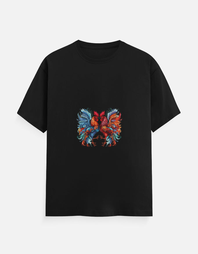 Black t-shirt with a colorful dragon design on a white background